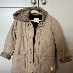 Zara Kids Beige Faux Fur lined Quilted Coat with Sherpa Hood size 4-5